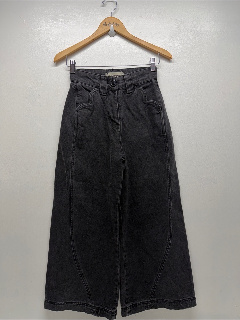 Damson Madder Jeans Wide Leg High Rise Scallop Flare Denim Pants Black New US 2